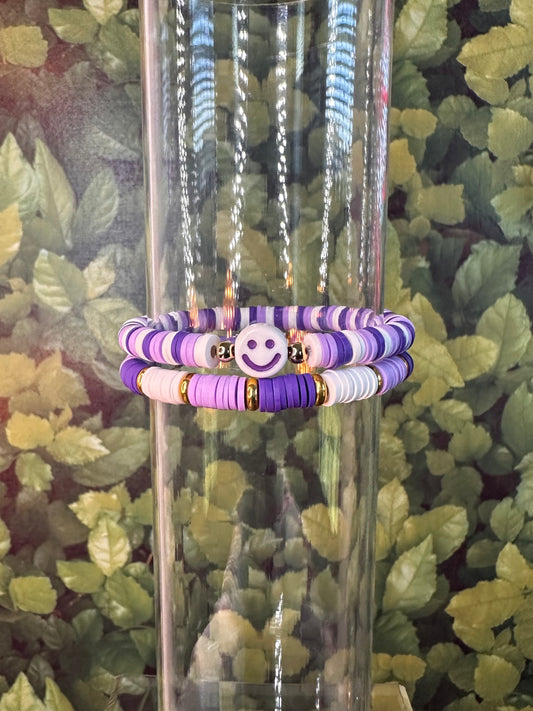 Purple & White Smiley Clay Bead Bracelet