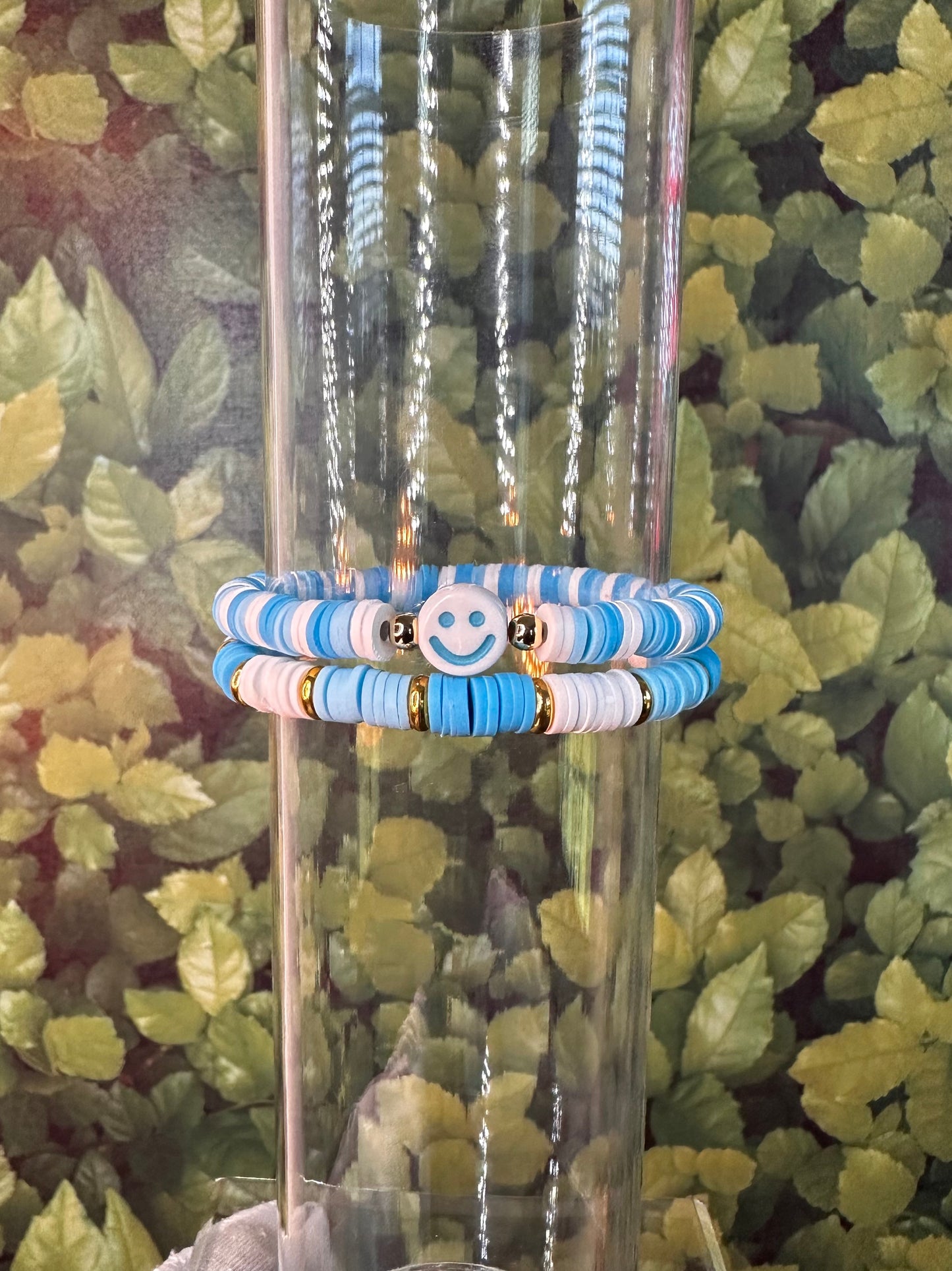 Blue & White Smiley Clay Bead Bracelet