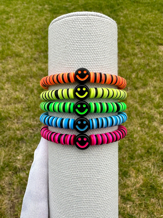 Neon Smiley Clay Bead Bracelet