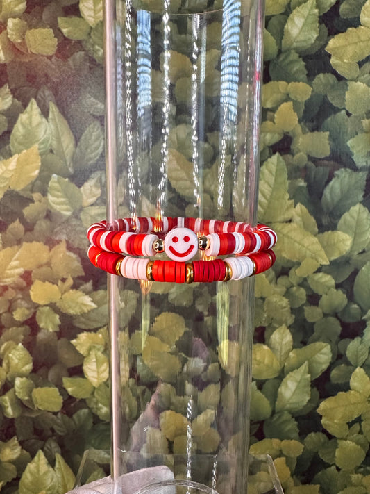 Red & White Smiley Clay Bead Bracelet